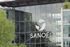 ite logo of the french multinational pharmaceutical company Sanofi on their glass office building in Lyon France