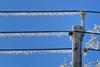 Icicles on row of powerlines after ice storm, against blue sky