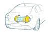 An illustration showing the back of a car with a hydrogen storage tank which shows a cutout that reveales a MOF structure