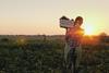 A farmer with a box of fresh vegetables walking in a field.