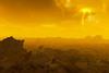 A digital artwork of the surface of Venus - a hostile rocky landscape is shrouded in yellow fog and clouds with electrical storms