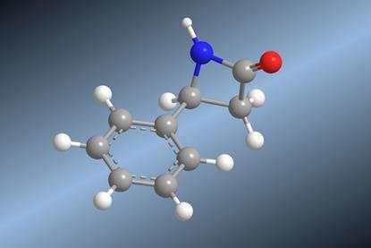 A structure of a beta-lactam molcule which includes a six-carbon ring attached by a single bond to a four carbon ring where one of the carbons is replaced by a nitrogen and another has a double bond with an oxygen