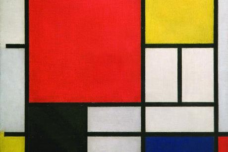 A painting consisting of an irregular grid of white and primary coloured squares and rectangles outlined in black