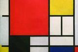 A painting consisting of an irregular grid of white and primary coloured squares and rectangles outlined in black