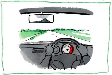 A cartoon view of driving a car with a smoking volcano in the rear view mirror