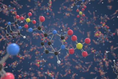 Visualisation of a 3D molecule existing in space. The molecule is sharply defined showing atoms and bonds, while the background and foreground is blurred, giving the image perspective.