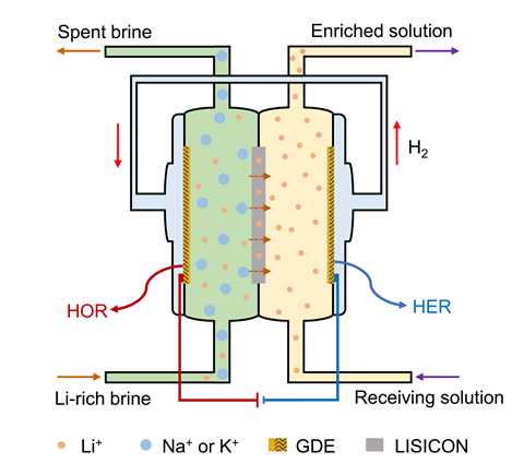 A schematic of an electrolysis system to extract lithium